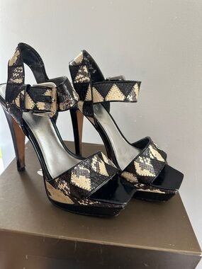bebe Black and Cream Snake-Print Platform Heels
